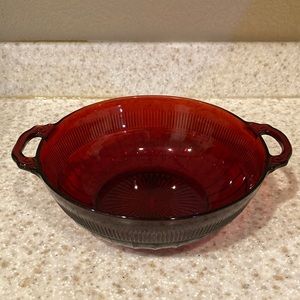 Red Glass Depression Bowl with handles 8”Round x 3” Tall